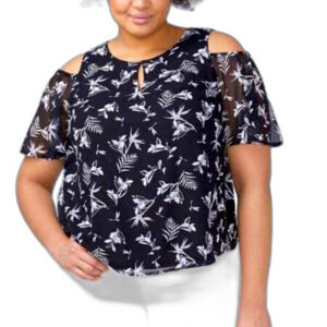 Lane Bryant Chiffon Cold Shoulder Ruffle Black White Floral Print Blouse